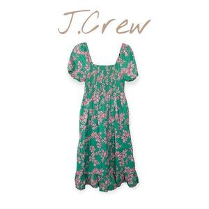 J.Crew Floral Puff Sleeve Smocked Cotton Midi Dress SZ S Green Boho Cottage Core